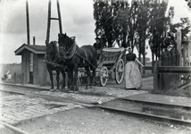 172180 Afbeelding van een paard en wagen met twee personen in Zeeuwse klederdracht bij een spoorwegovergang bij Goes.